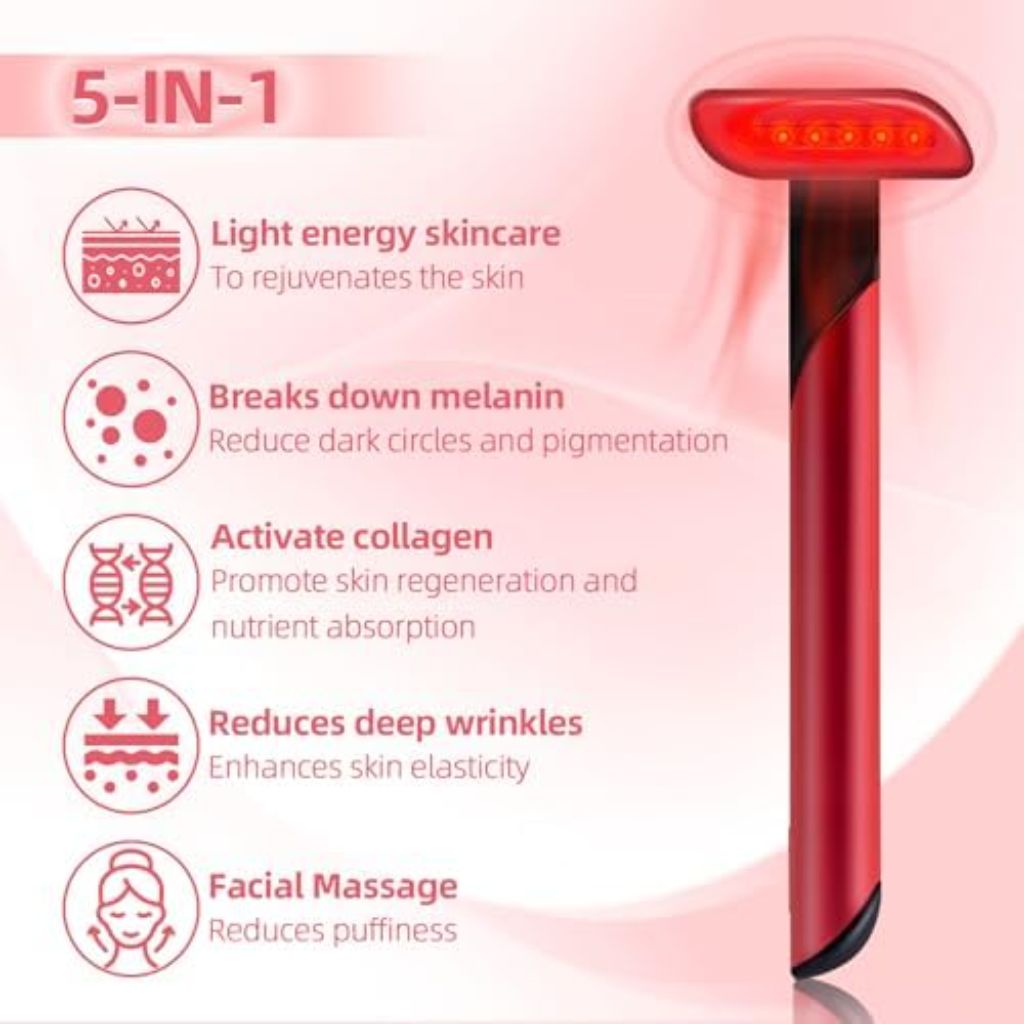 Red Light Therapy Wand for Face: 5-in-1 LED Light Therapy Skincare Wand for Rejuvenation - Face-Massager for Anti-Aging and Wrinkle Reduction -Red & Blue Beauty Device for Eyes, Neck & Face
