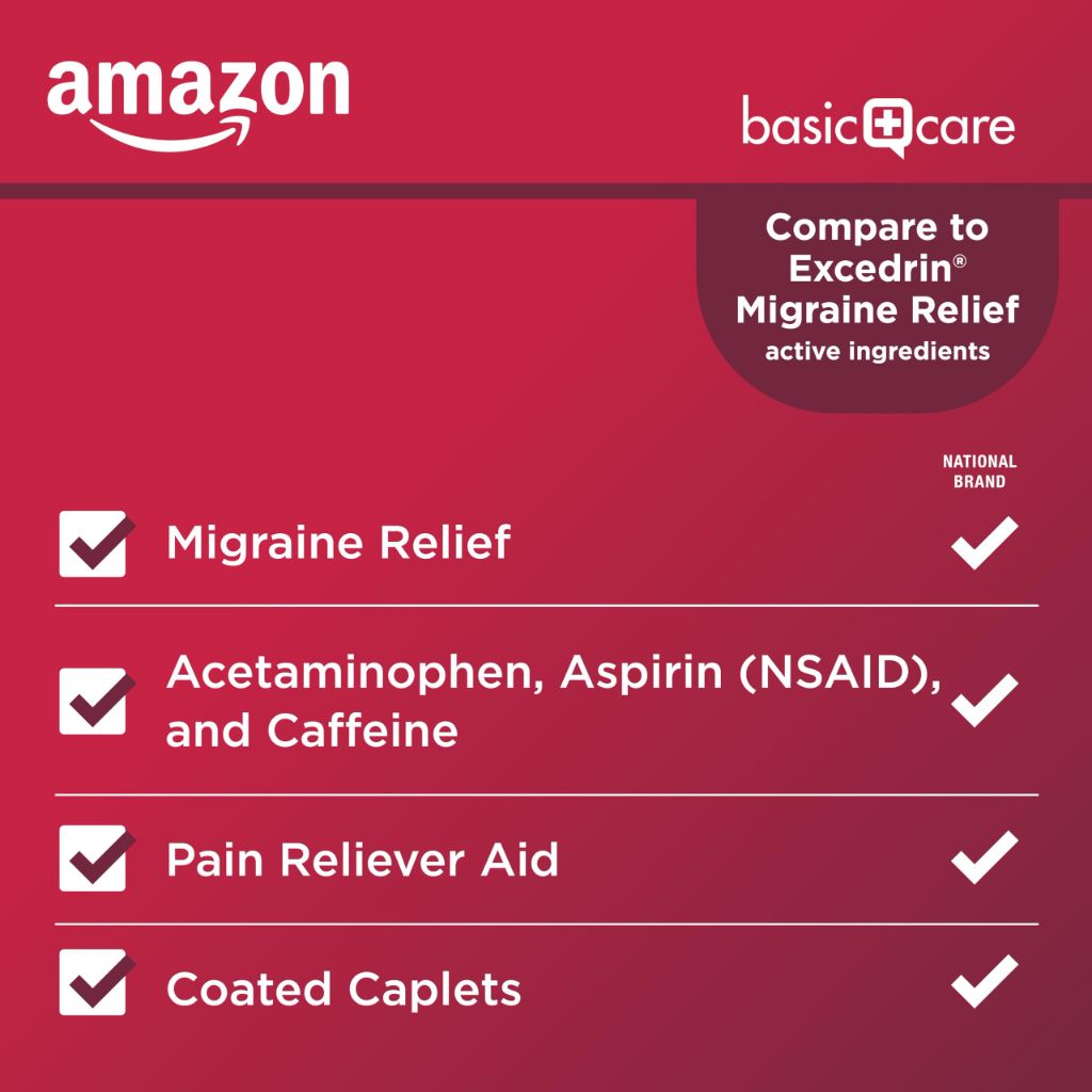 Amazon Basic Care Migraine Relief Acetaminophen Tablets, 200 Count