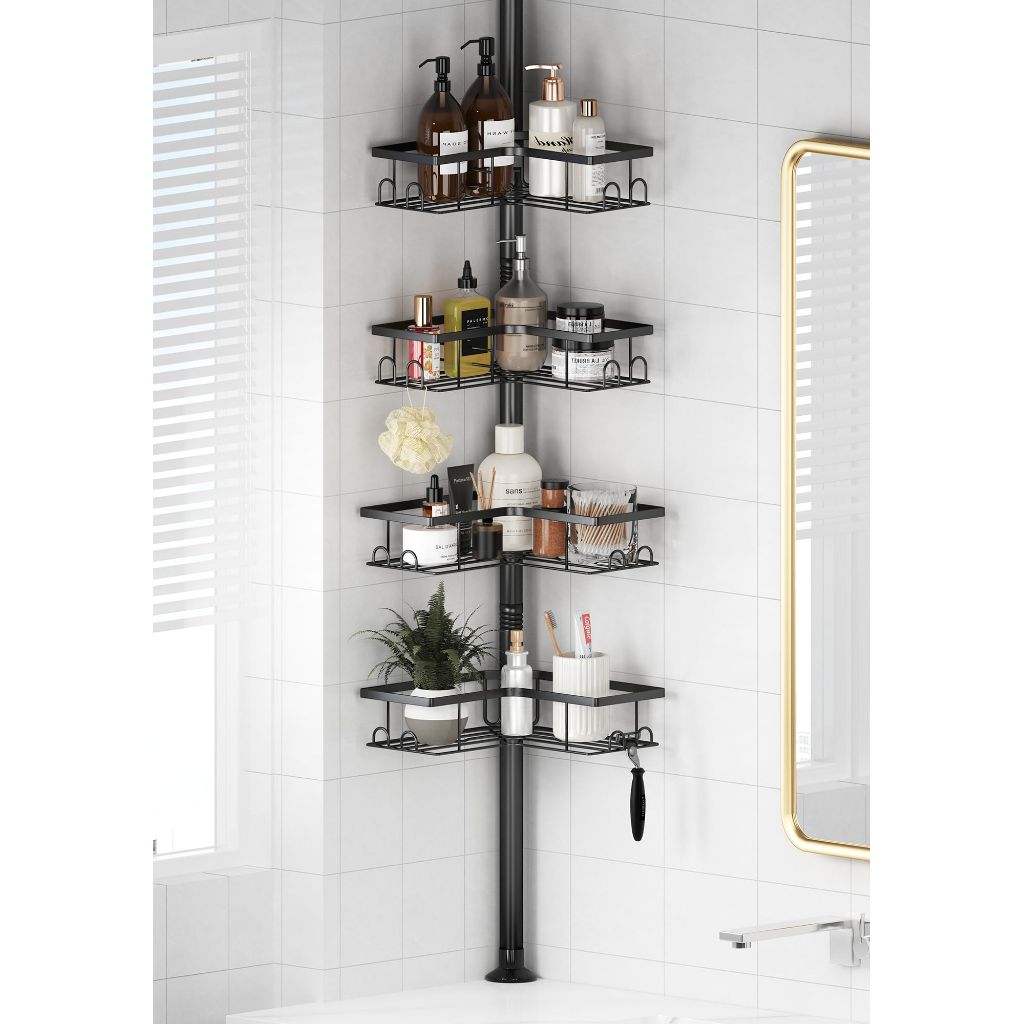 ViviDreamore Corner Shower Caddy Tension Pole, 4-Tier Stainless Steel Rustproof Bathroom Shower Organizer，47-114Inch Height Adjustable Shower Shelves, No-Drill Required Black