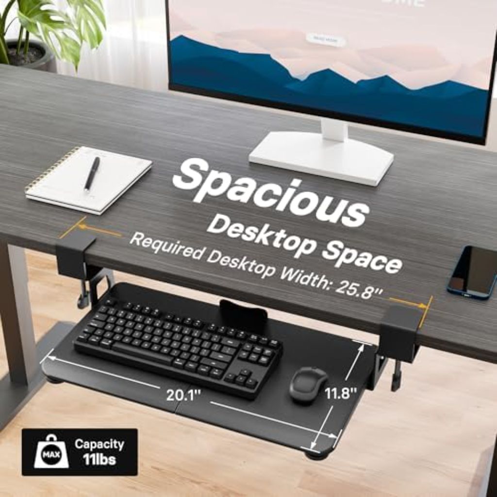 BONTEC KMT01-PJ Under Desk Keyboard Tray, Pull-Out Keyboard & Mouse Platform with C-Clamp, 20 x 11.8 in Space-Saving Ergonomic Slide-Out Drawer, Black