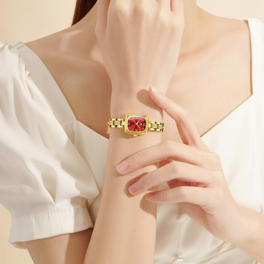 OLEVS Ladies Square 23mm Watch, Red Dial, Gold-Tone Stainless Steel Bracelet