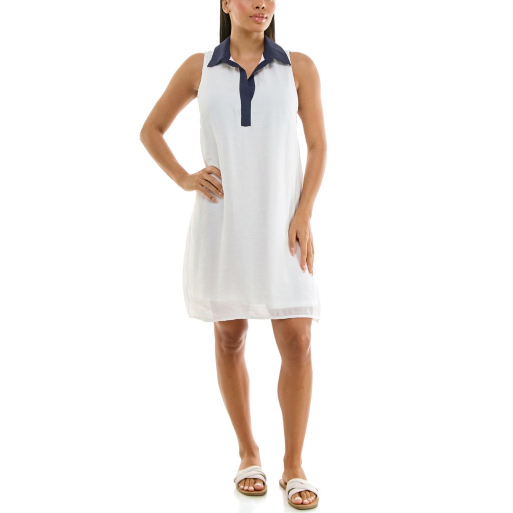 Zac & Rachel Women's Sleeveless Collared Contrast Slub Dress, Bright White/Navy Blazer, M