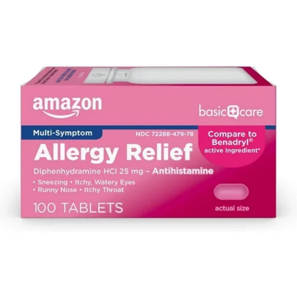 Amazon Basic Care Allergy Relief Diphenhydramine HCl 25 mg Antihistamine - 100 Tablets
