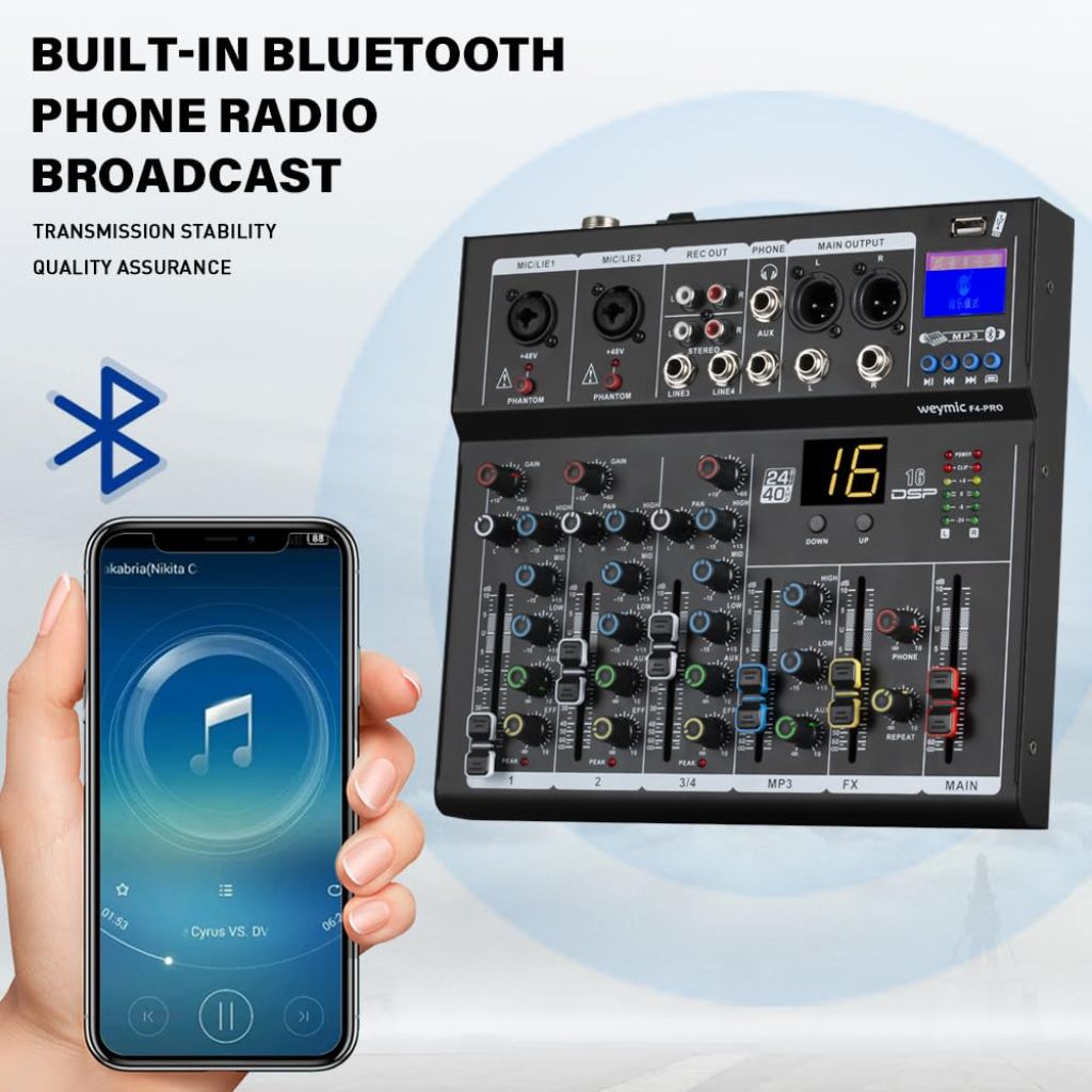 Weymic F7-Pro Professional Mixer | 7-Channel 2-Bus Mixer/w USB Audio Interface for Recording DJ Stage Karaoke Music Application