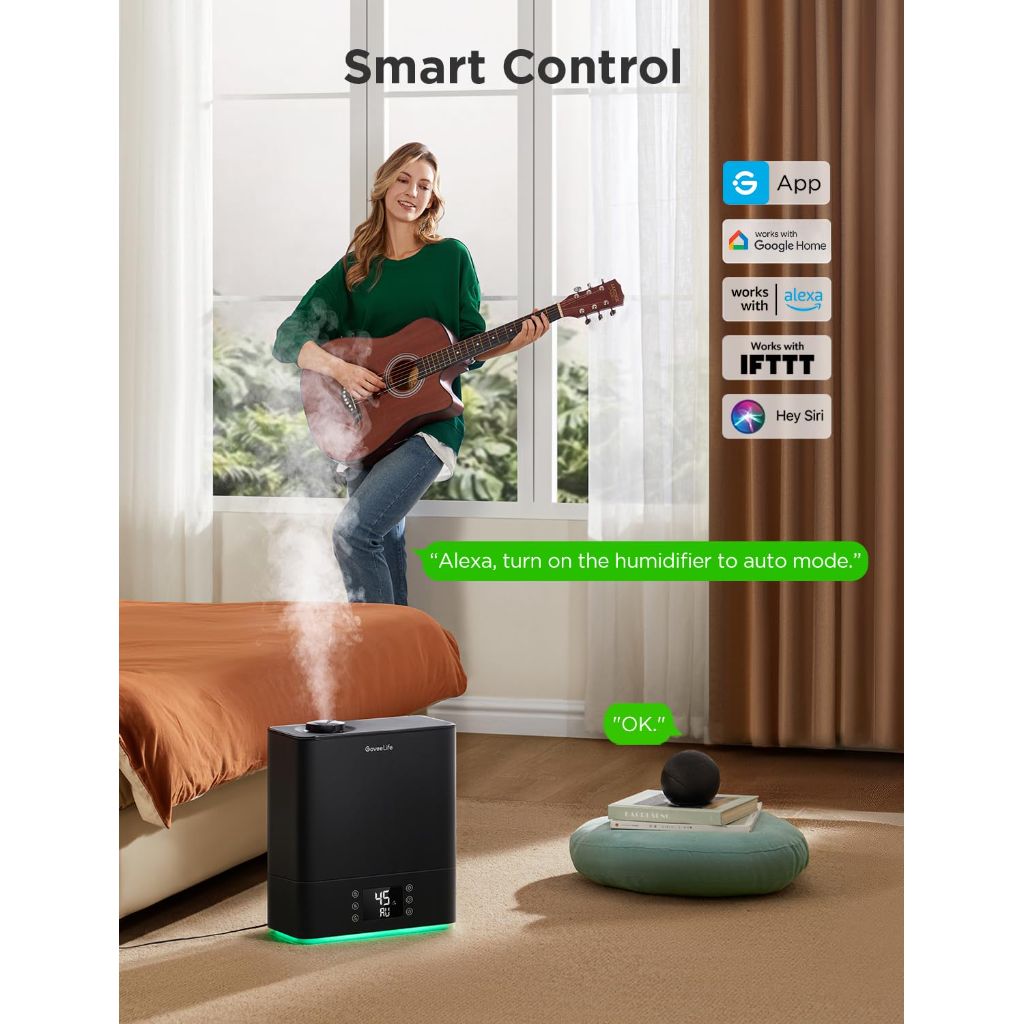 GoveeLife Smart Humidifiers for Bedroom Large Room, Top-Fill Cool Mist 6L- Black
