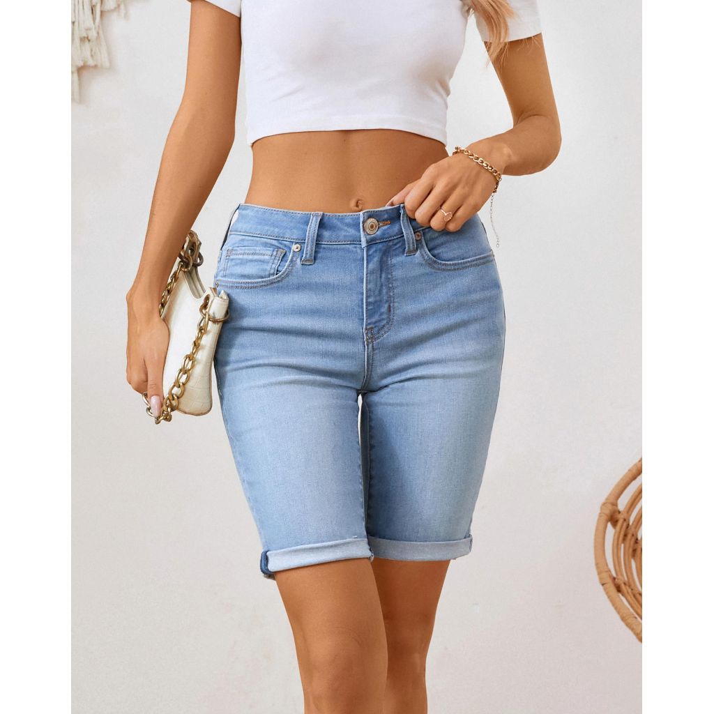 OFLUCK Mid Rise Roll Cuff Bermuda Stretch Denim Women Shorts - size 10