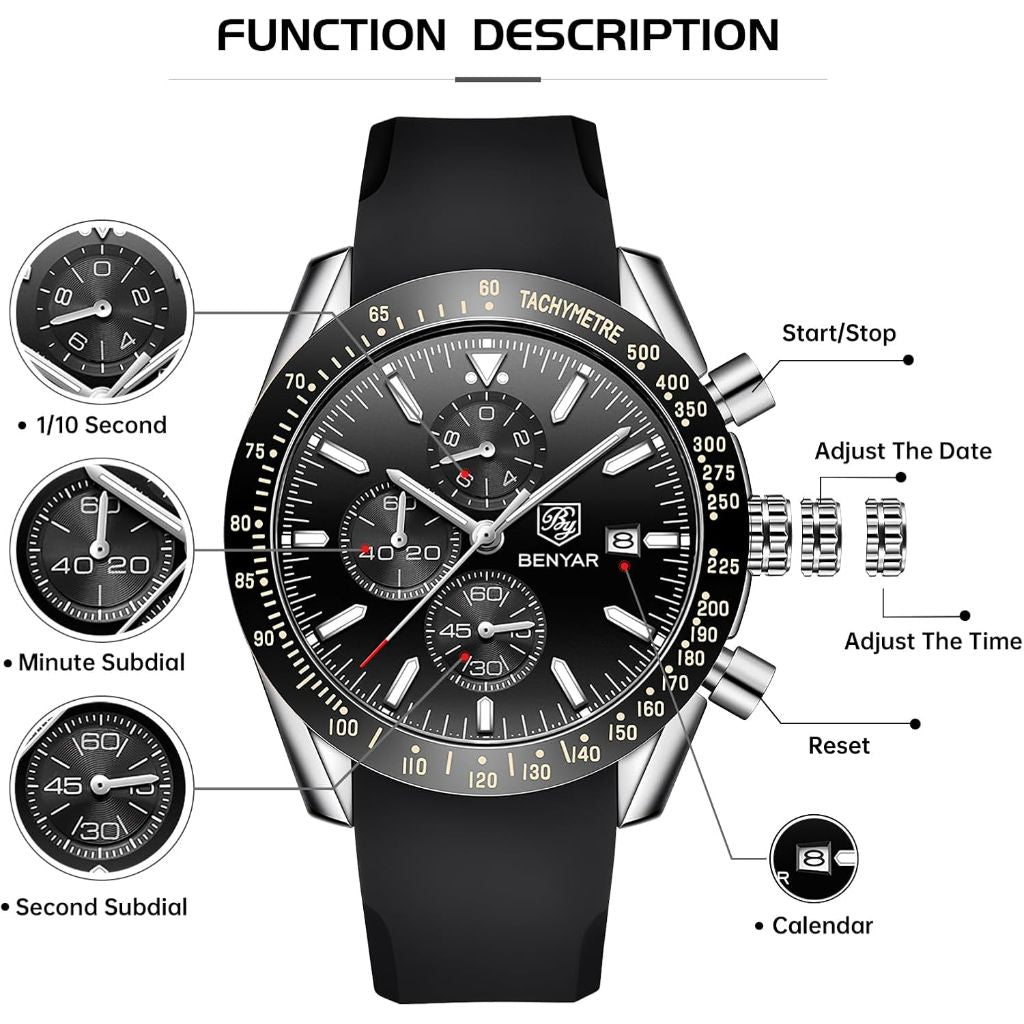 BENYAR Men's Watches Quartz Movement Chronograph Leather Strap