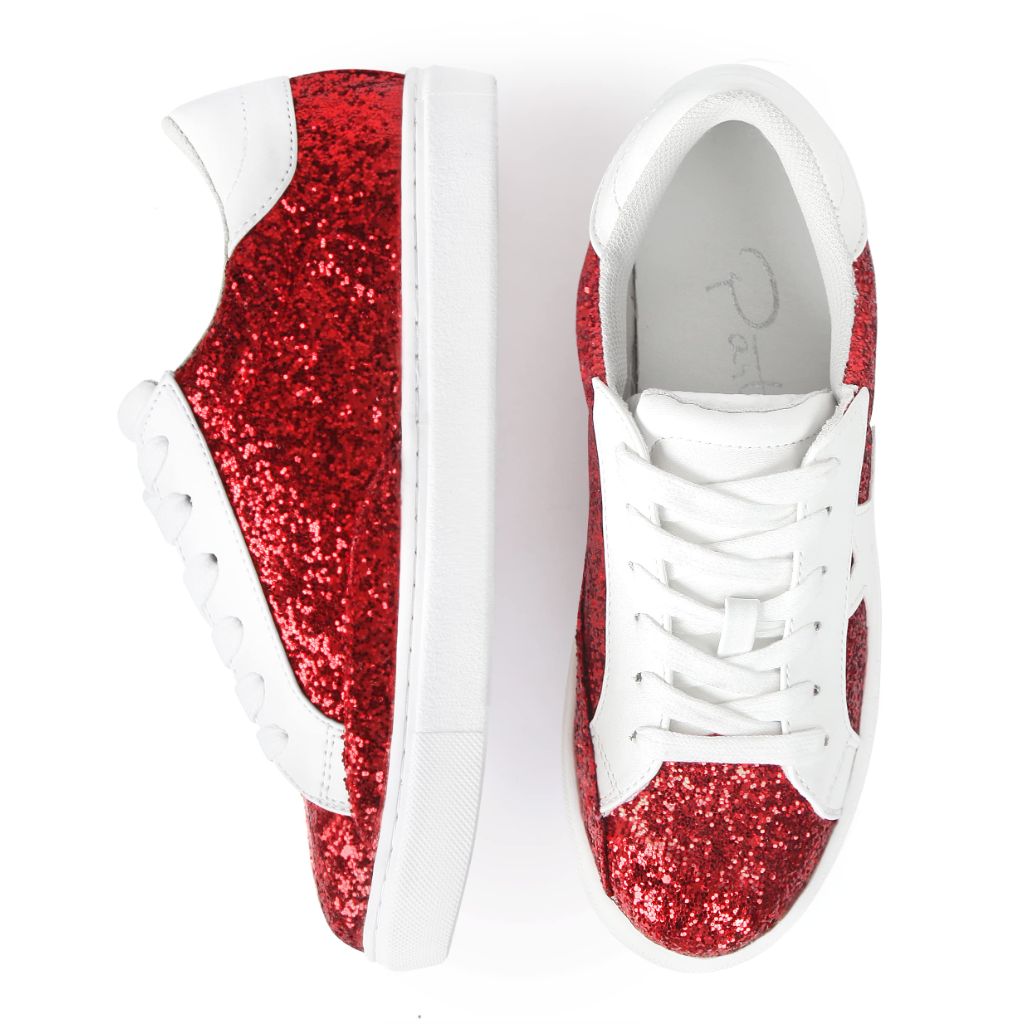 PARTY Women's Fashion Sneaker Lace Up Low Top Comfortable Cushioned Walking Shoes,Podcast,RED Glitter,7.5