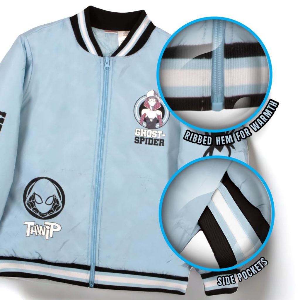Marvel Ghost-Spider Gwen Boy's Casual Varsity Bomber Coat- Lightweight Zip-Up Graphic Print Jacket for Kids (Sky Blue, Size 14/16)