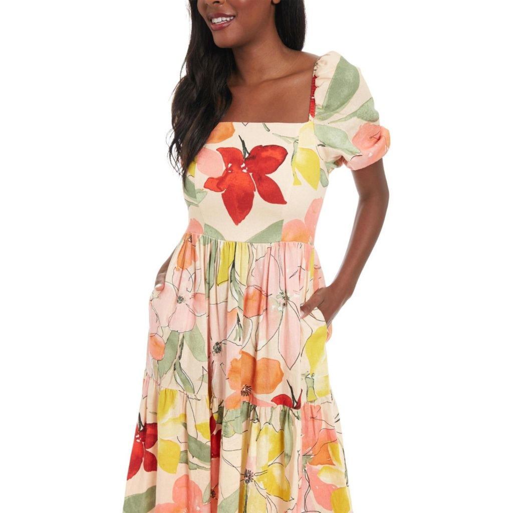 London Times Women's Floral-Print Square-Neck Puff MIDI Dress - Orange, Coral