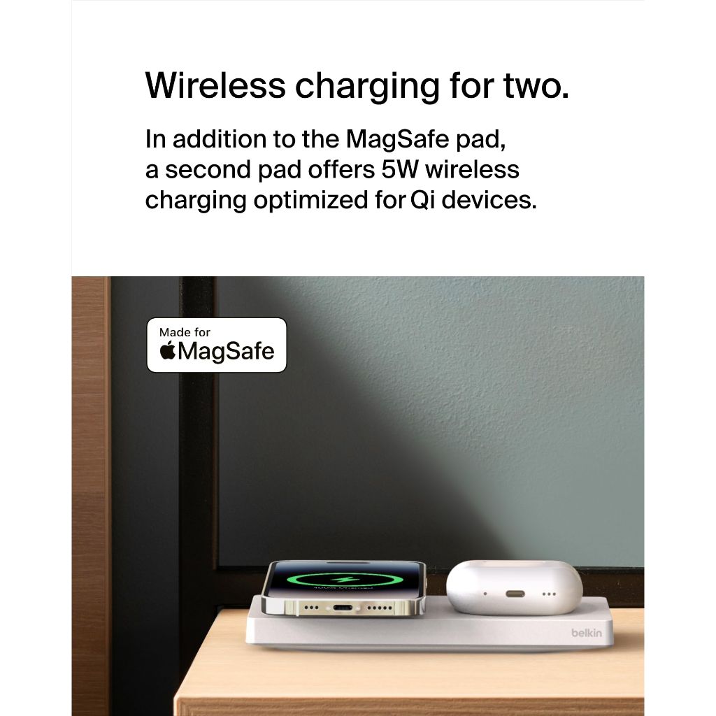 Belkin 2-in-1 Wireless Charging Pad with MagSafe 15W, Fast Charging iPhone Charger - Wireless Charging Station for iPhone 17, 16, 15, and 14 Series, AirPods, and Other MagSafe Enabled Devices - White
