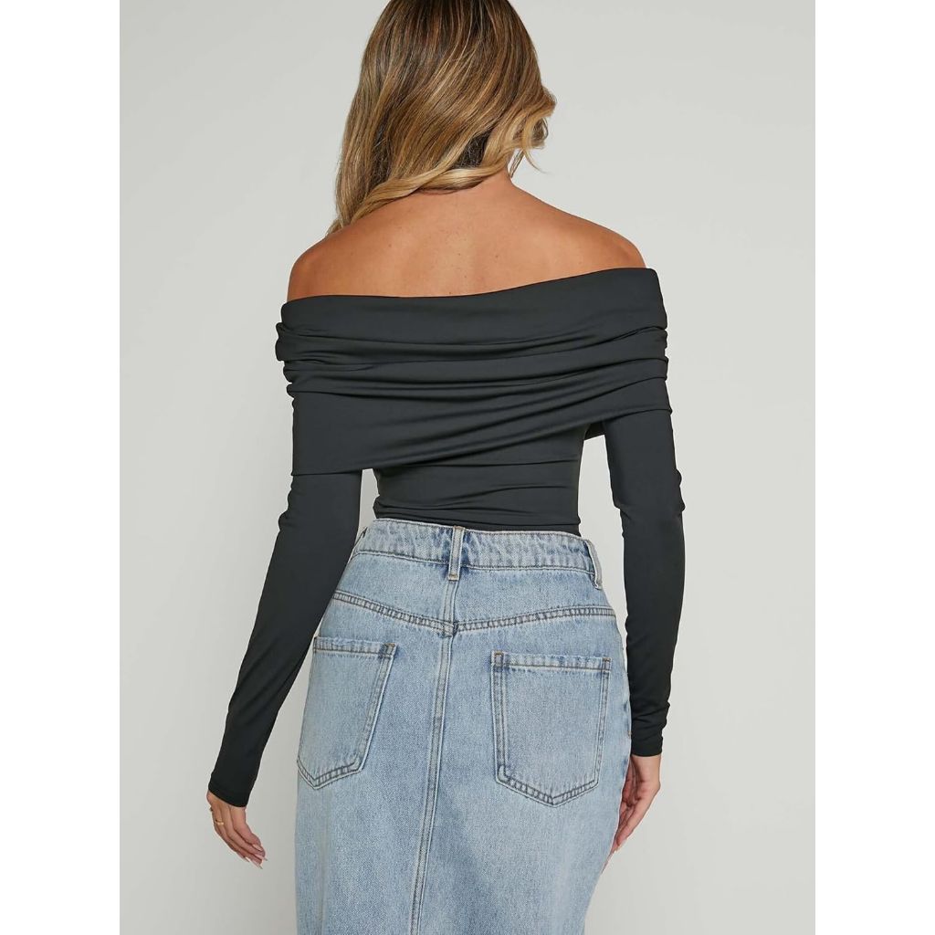 Women's Sexy Off The Shoulder Ruched Layer Long Sleeve Bodysuit Tops Shirts