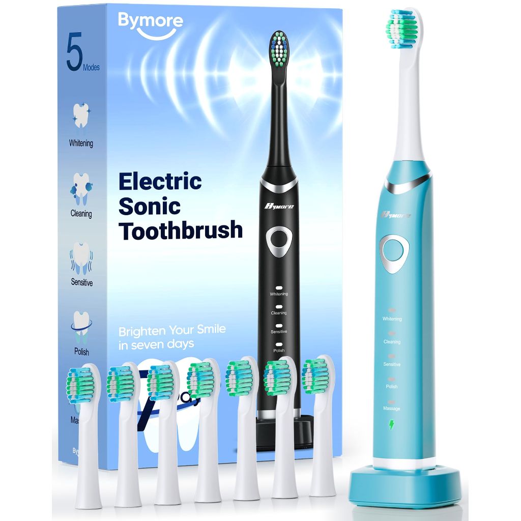 Bymore Electric Toothbrush for Adults, with 8 Replacement Heads -Cyan Blue