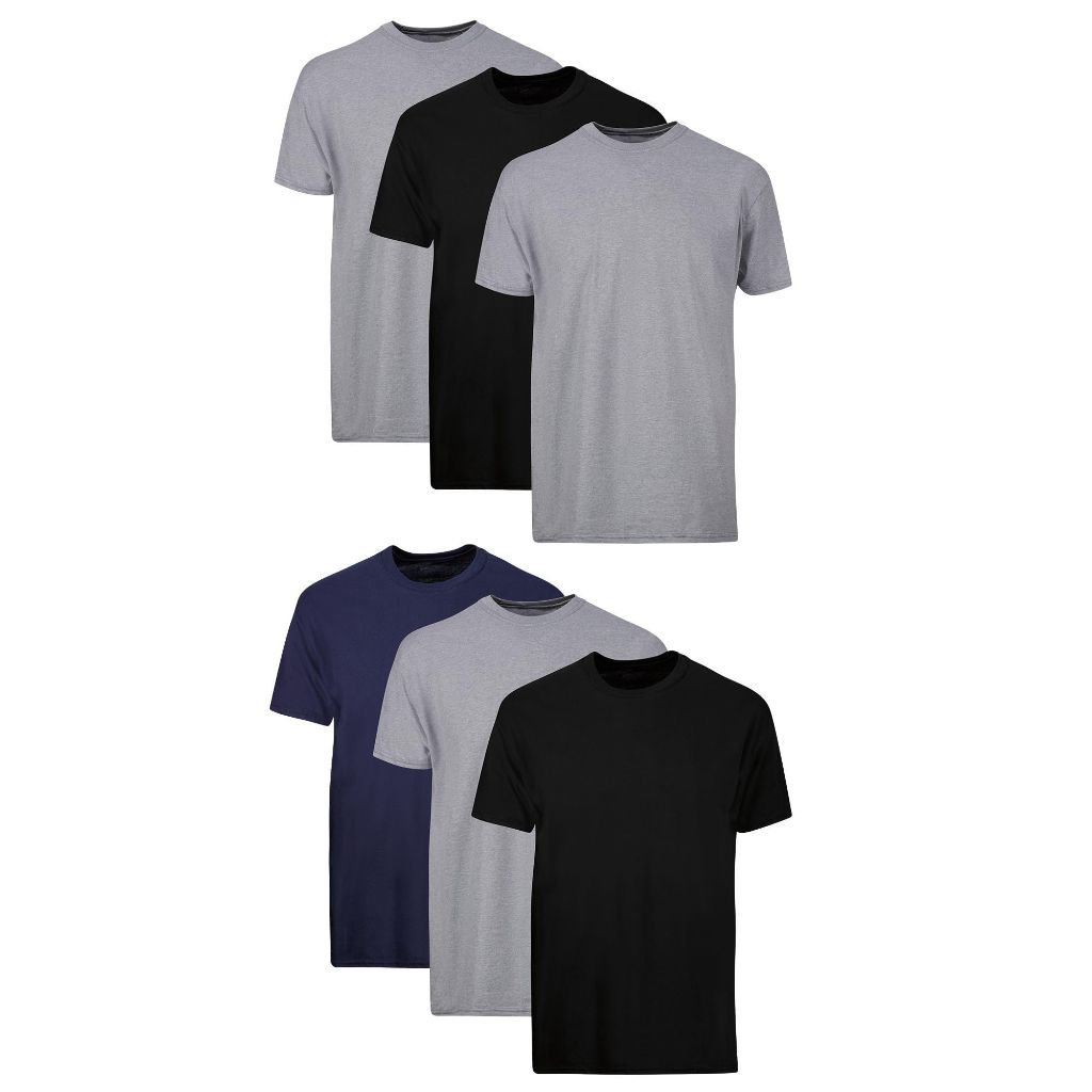 SZ 2XL, Hanes Mens Cotton, Moisture-wicking Crew Tee Undershirts, Multi-packs, Black/Grey/Blue Assorted - 6 Pack