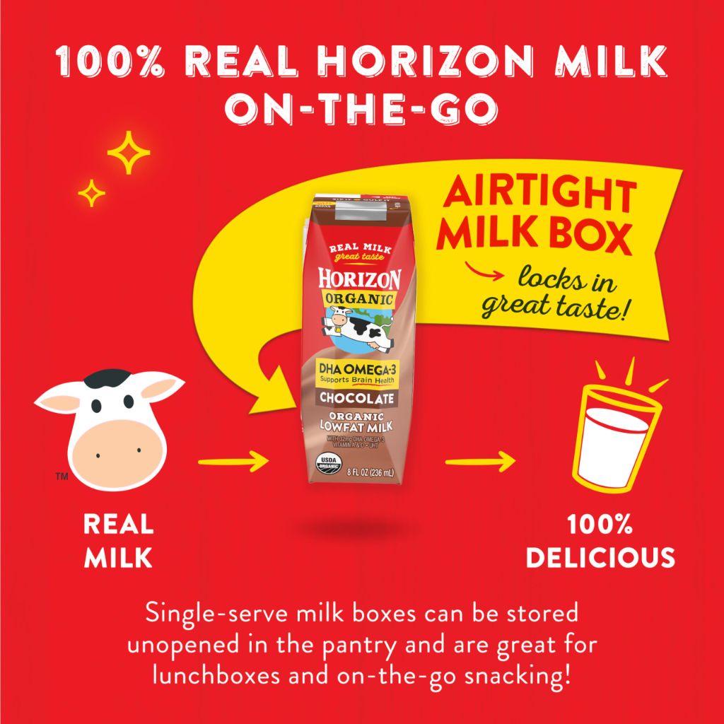 Horizon Organic Shelf Stable 1% Lowfat DHA Omega-3 Chocolate Milk Boxes, Pack of 12 - 8g Protein per Serving