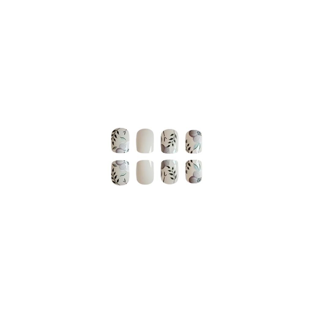 SWEKKE Short Square Press-on Nails White Full Cover Flower False Nails with Green Leaves Designs 24Pcs