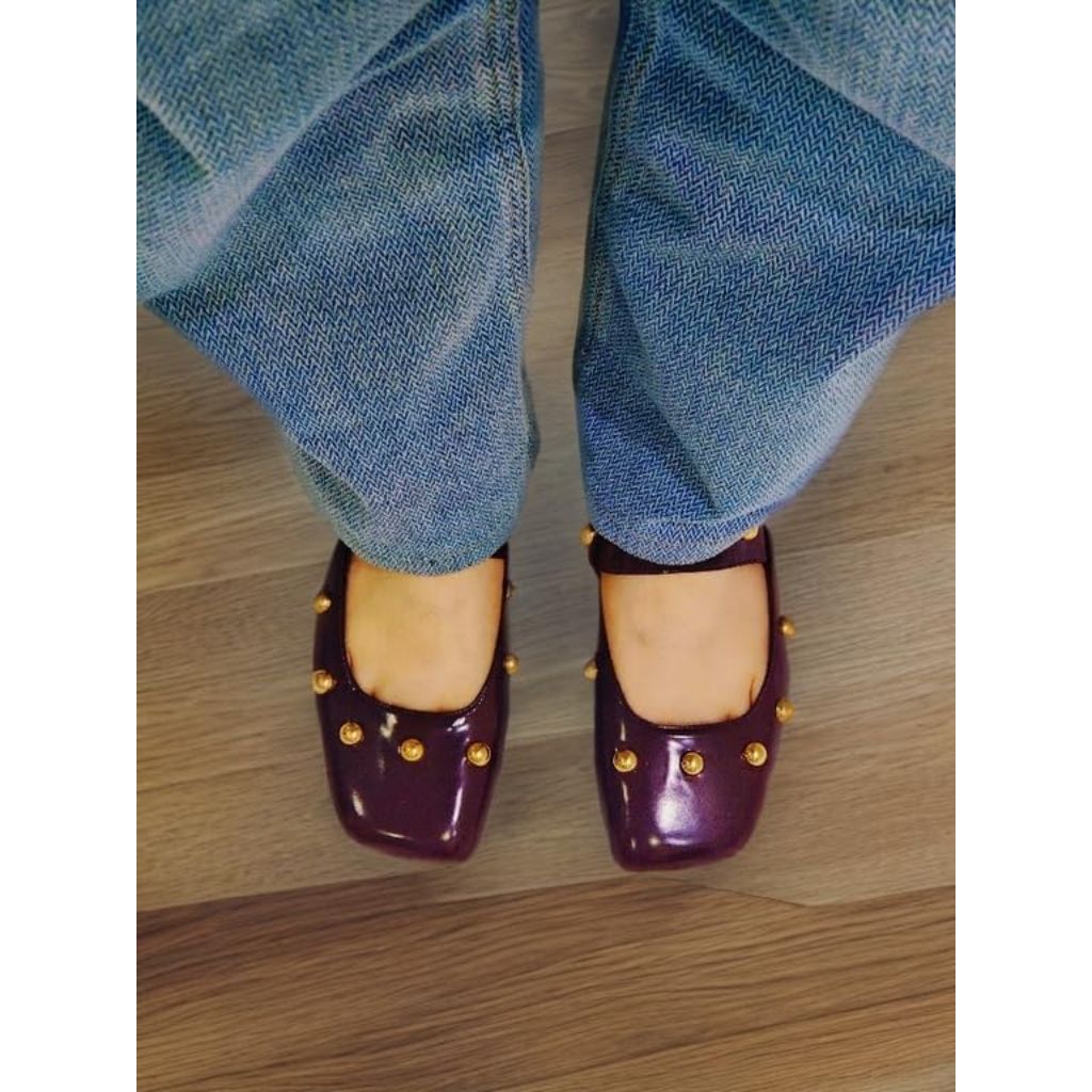 HT Studded Mules Square Toe Kitten Heeled Sandals, Burgundy, SZ 6