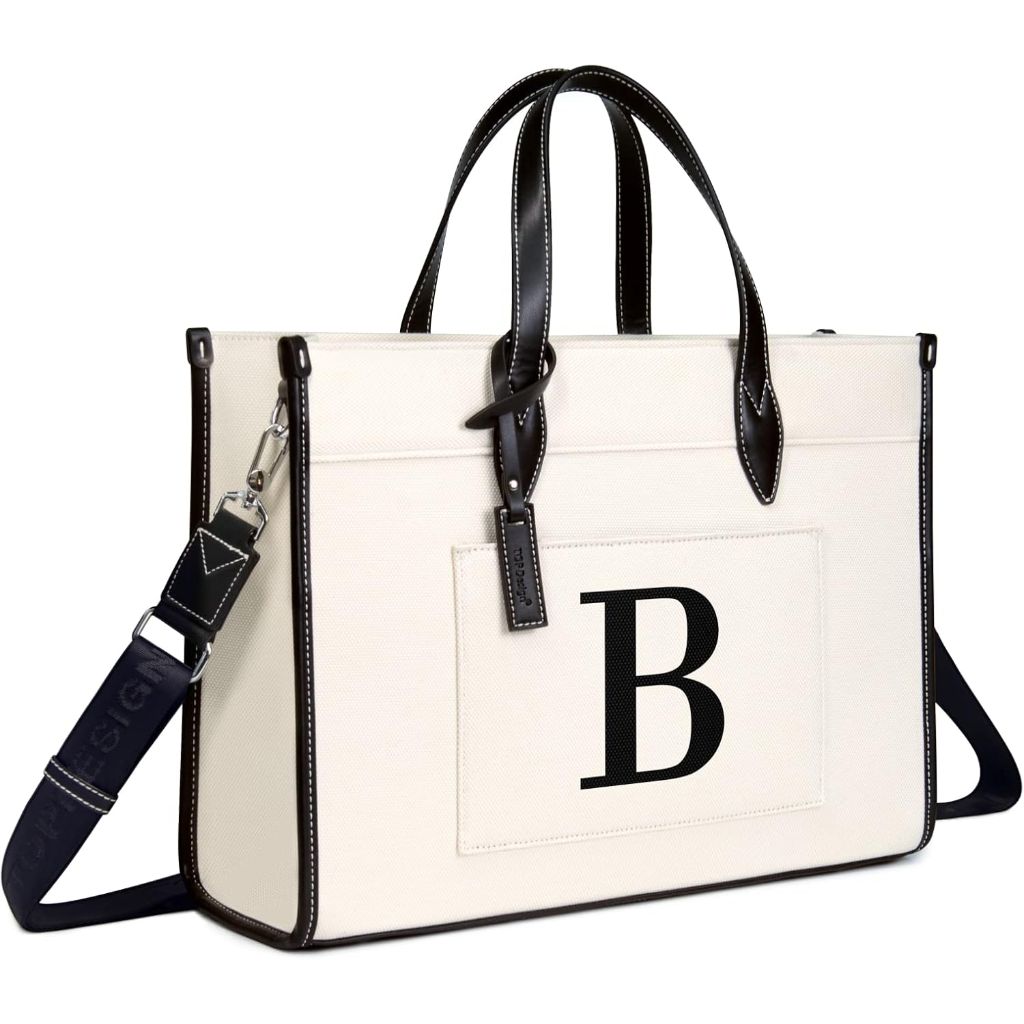 TOPDesign Initial 15.6" Laptop Tote Bag for Women, Personalized Canvas Work Purse, Business Briefcase & Office Handbag