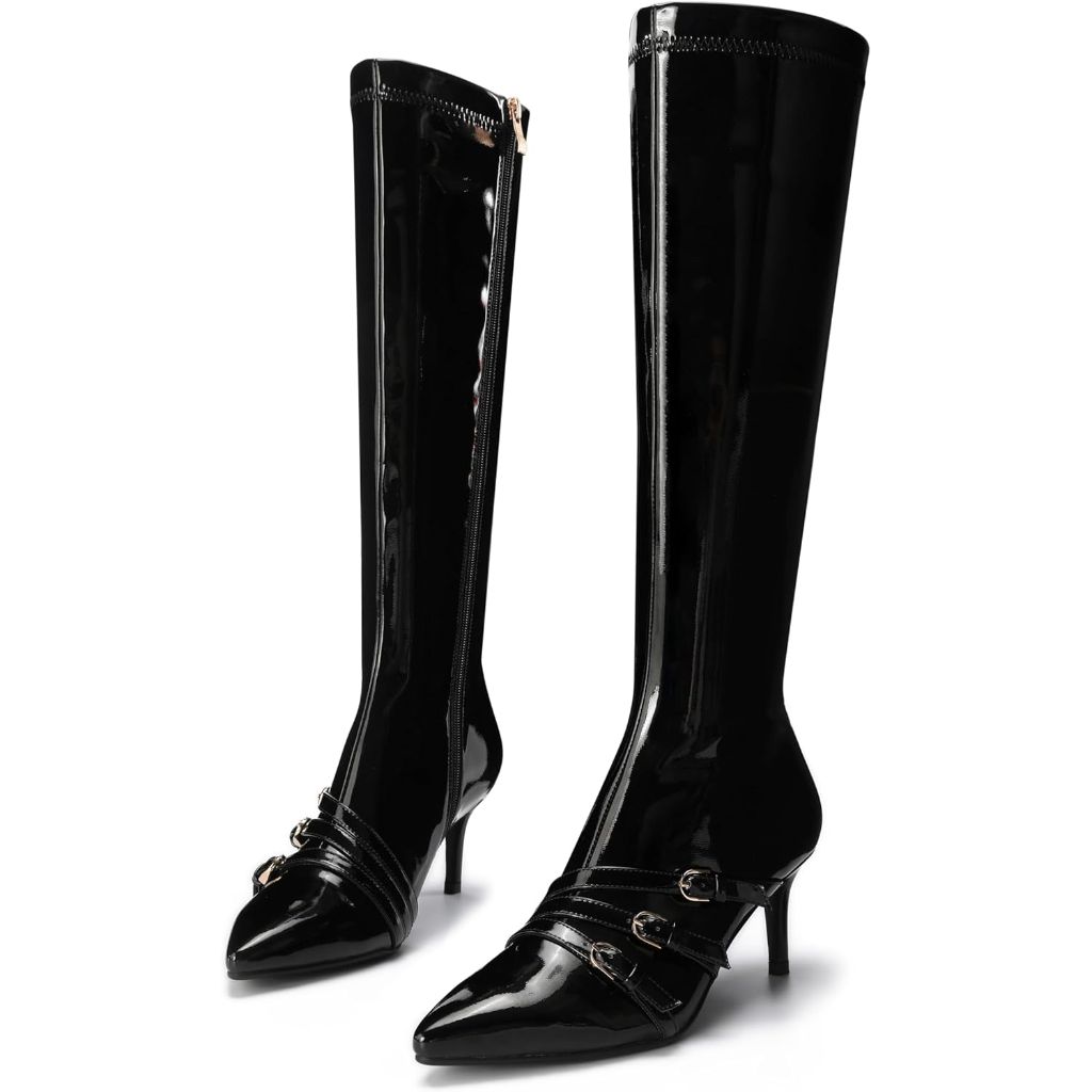 Knee High Boots for Women Strappy Buckles Stiletto Heel Pointed Toe Side Zipper Soft PU Leather Sexy Dress Long Boots and Ankle Booties