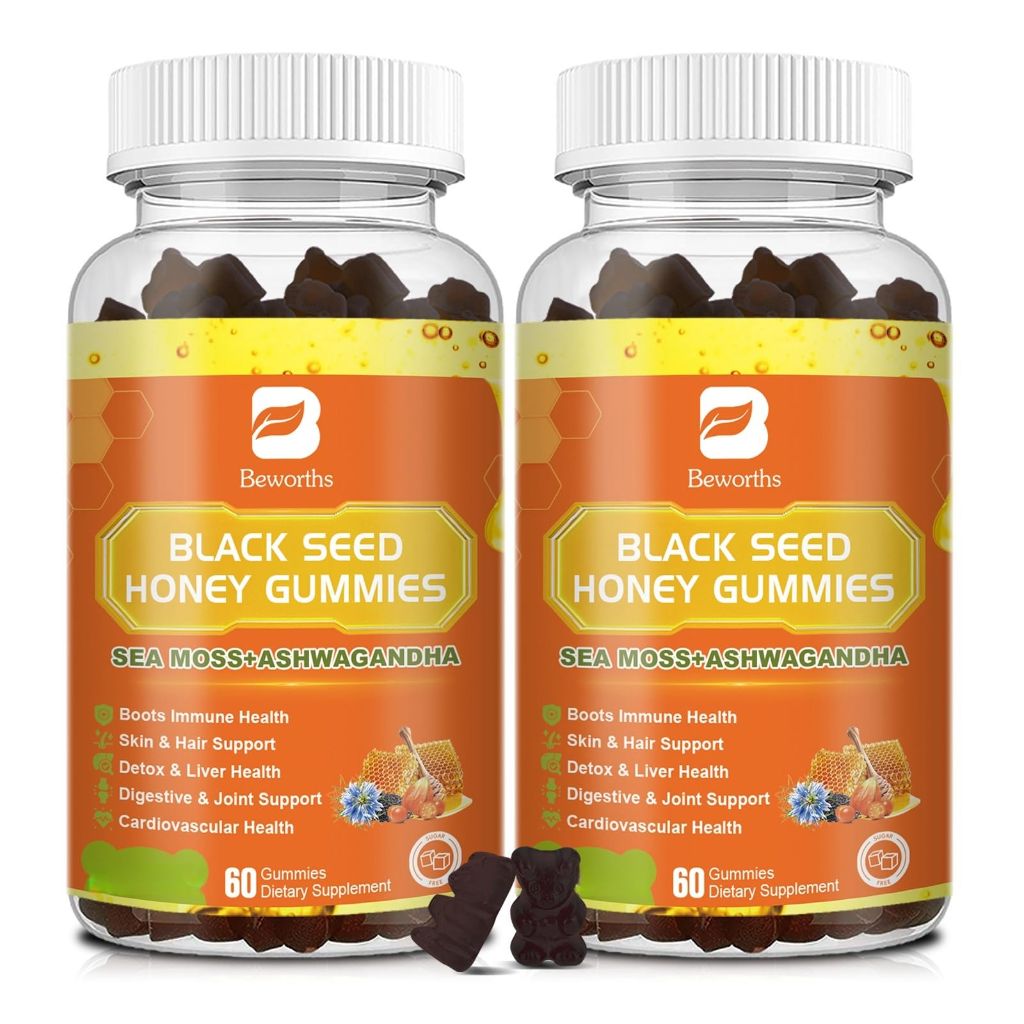 (2 Pack) Black Seed Oil Sea Moss Gummies with Ashwagandha, Burdock Root, Linden Honey, Elderberry Vegan Gummies 120