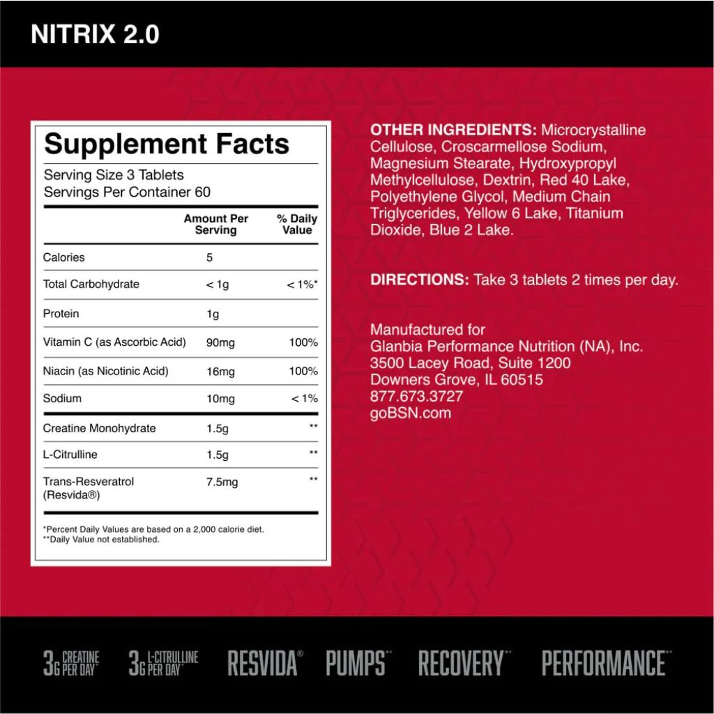 BSN NITRIX 2.0, Workout Supplement, 180 Tablets, 60 Servings