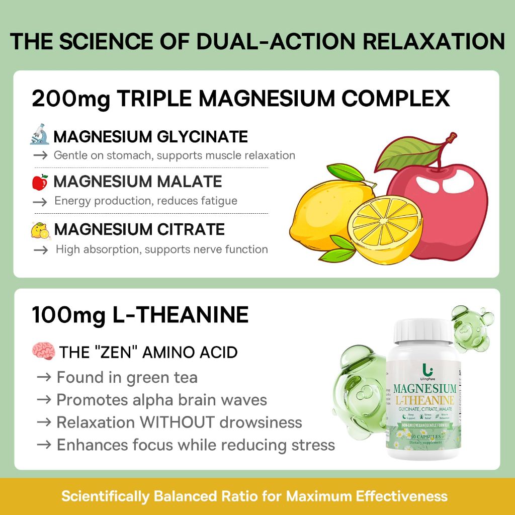 LilingPure Triple Magnesium Complex with L-Theanine | 200mg Magnesium | 90 Capsules