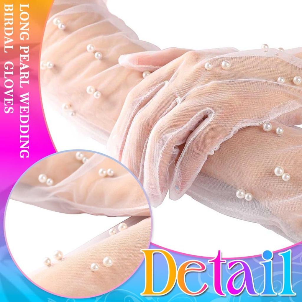 Casdre Elbow Length White Tulle Gloves w/ Pearls
