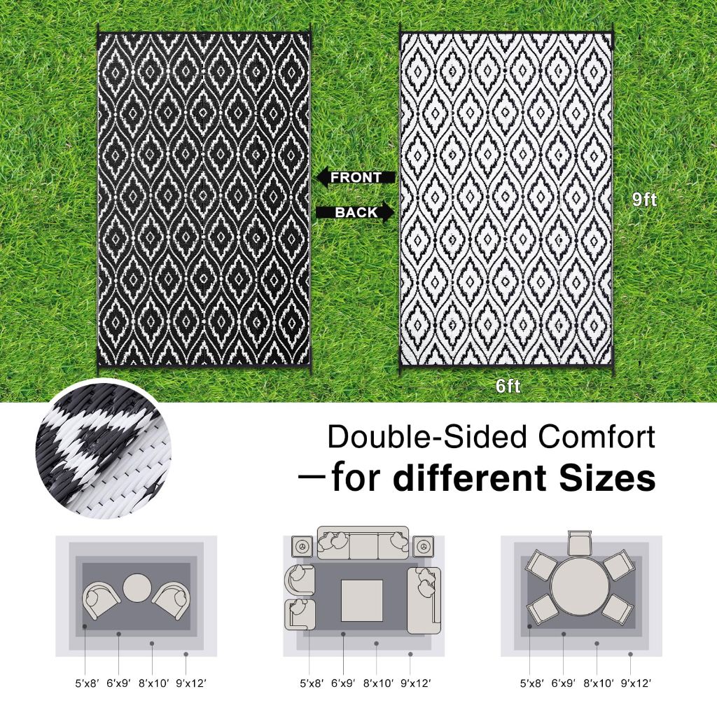 OLANLY Outdoor Waterproof Rug 6x9 ft , Black & White