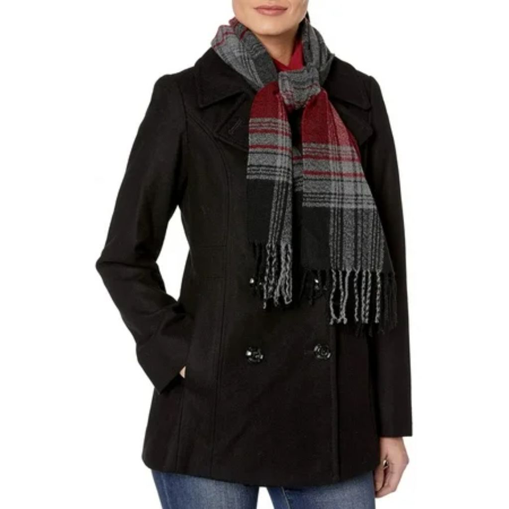 LONDON FOG Women s Plus-Size Double Breasted Peacoat with Scarf Large Black