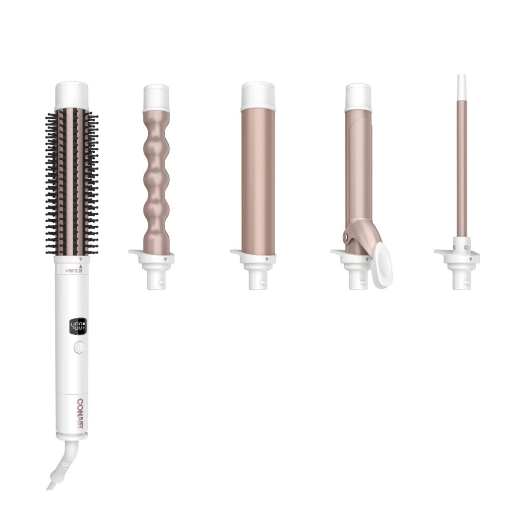 Conair Double Ceramic Multi-Attachment Hair Styler, 5-in-1 Hair Curling Wand Set | White/Rose Gold