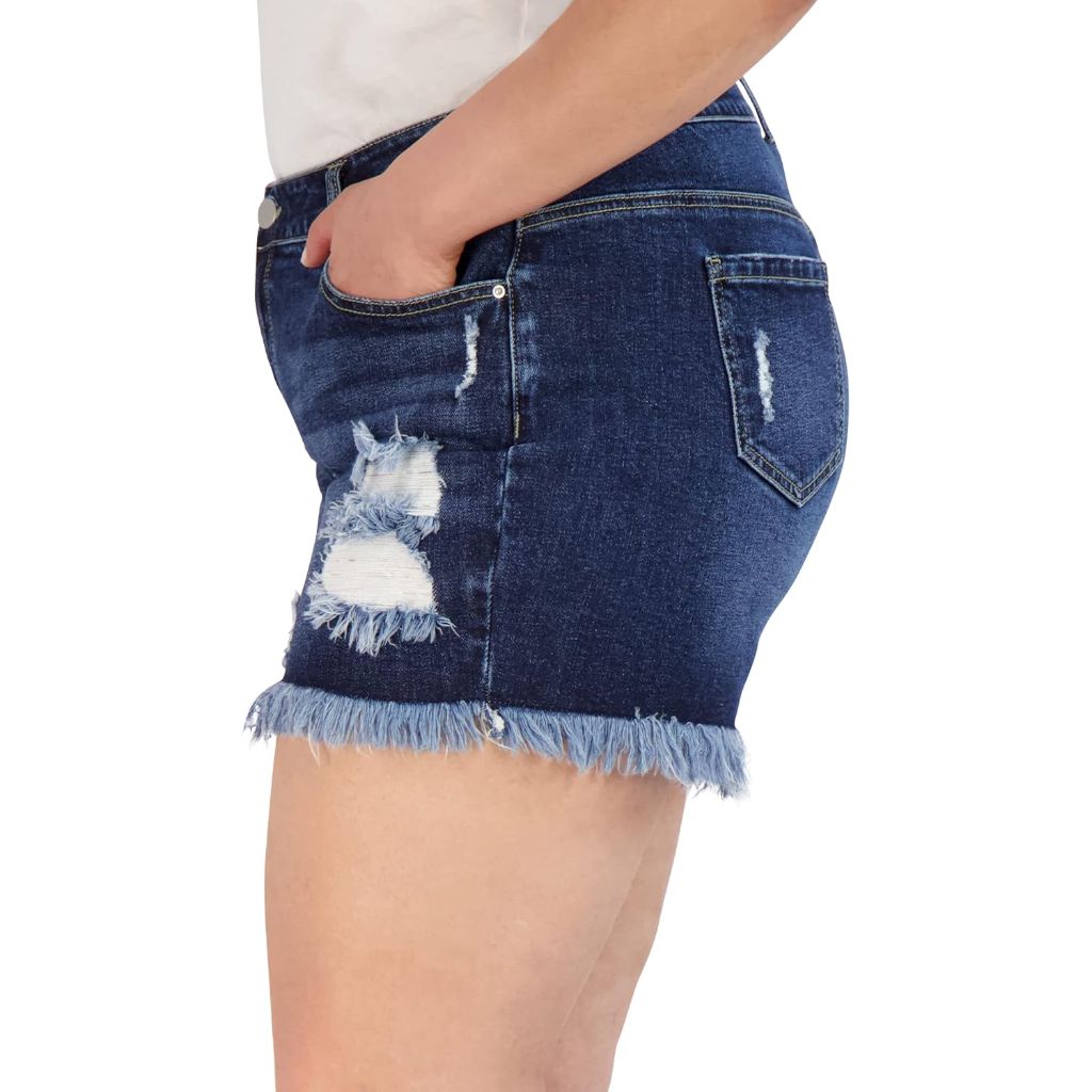 Women's Plus Alivia Ford Denim Shorts: Frayed Hem, High Waist - Dark Wash, 22W