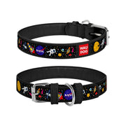 SZ OSFA WAUDOG Leather Dog Collar with NASA Design - Heavy Duty Dog Collars with Durable Metal Buckle and QR Dog Tag