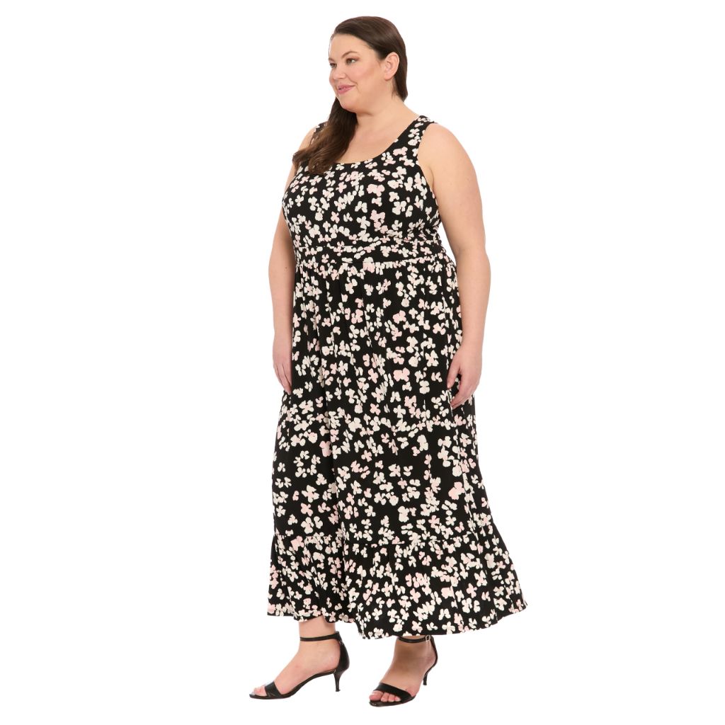 London Times Women's Dresses Women's Sleeveless Scoop Neck Tiered Maxi - Floral Print Empire Waist A-Line Summer Dress, Black/Cream, Small