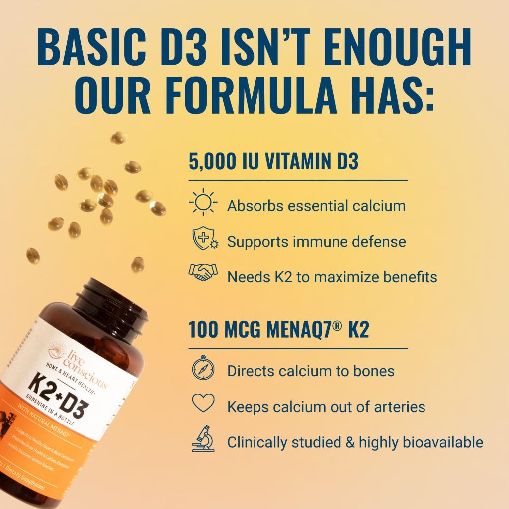 Live Conscious Vitamin K2 MK7 with D3 Supplement | Bone & Heart Health Support - 60 Softgels