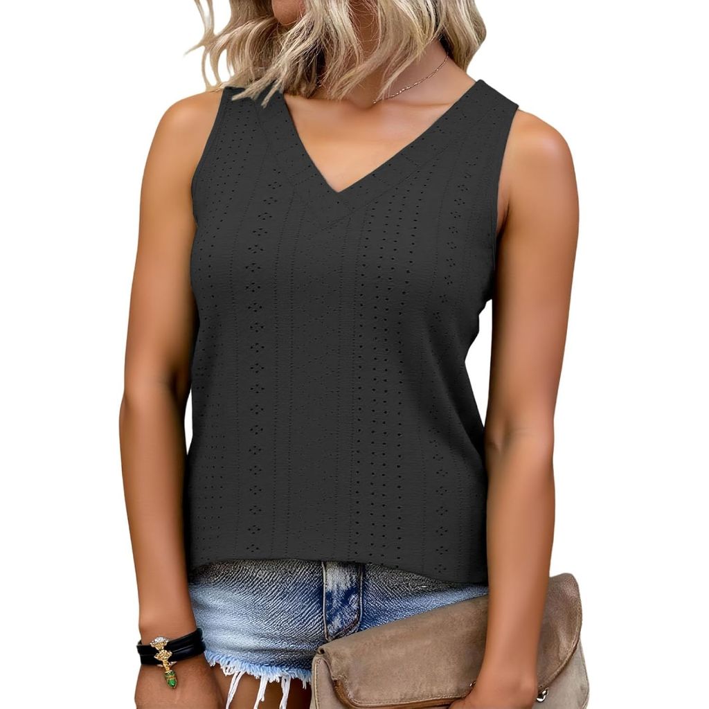 ROSRISS Plus-Size-Tank-Tops for Women Summer Sleeveless Loose Fit Trendy Basic Shirts Casual V Neck Tunics Eyelet Tees