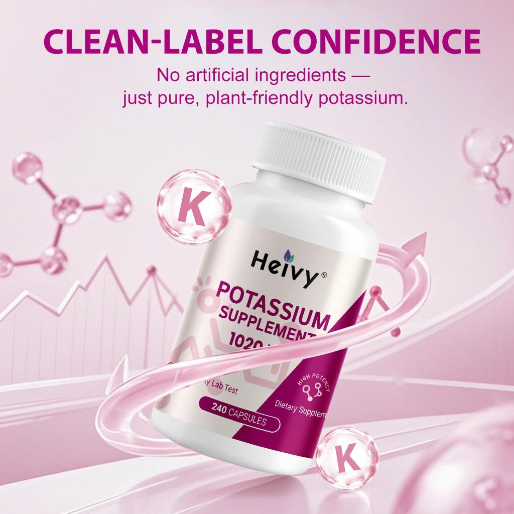 Heivy Potassium Supplement 1020 mg, Potassium Bicarbonate to Supports Muscle Function,  240 Veg Capsules