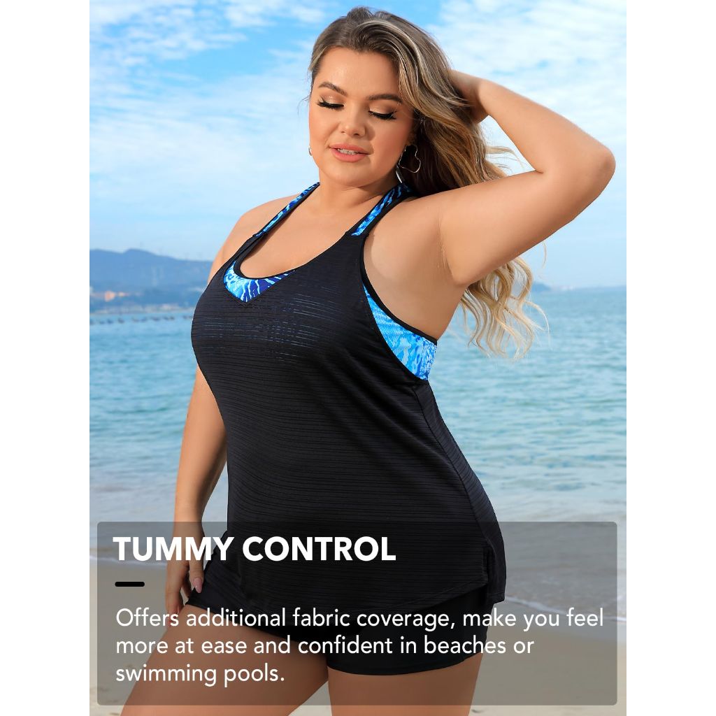 Plus Size Tankini Tops for Women (Swim Top Only), Blue Leopard - Size XL