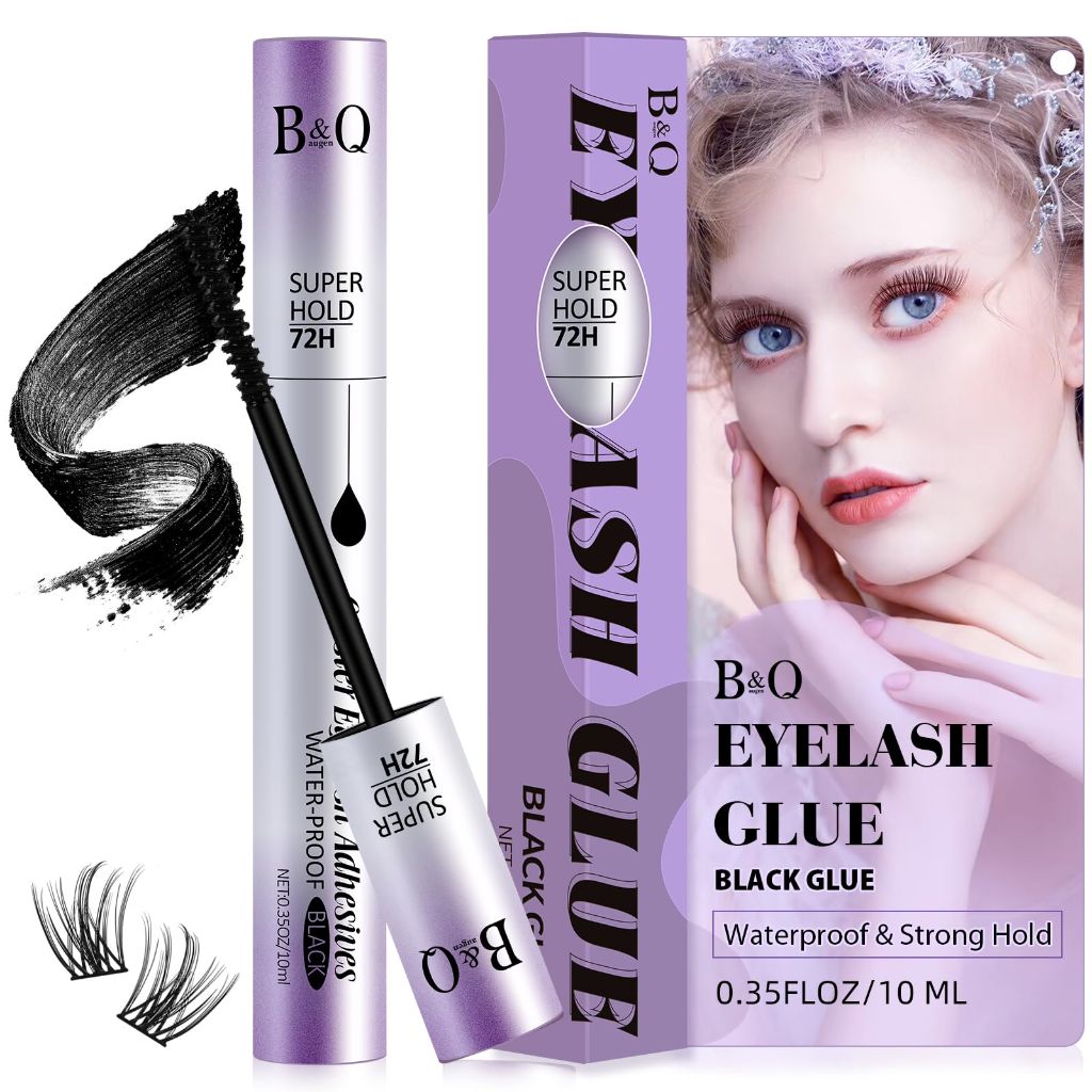 B&Qaugen Lash Cluster Glue Precise Brush Tip Applicator Strong Hold Waterproof Lash Glue (Black,10ML)