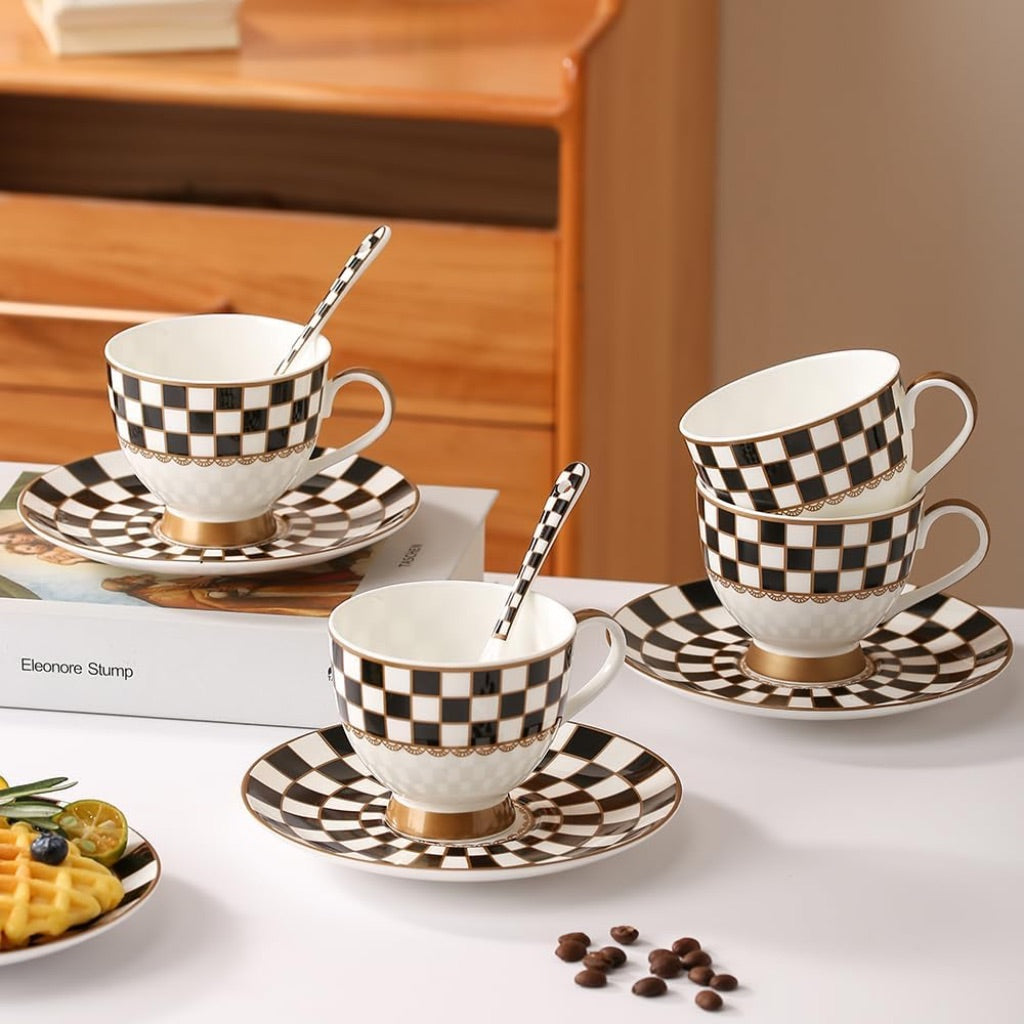 Porlien Black and White 6oz Porcelain Checker Van Gogh Cups and Saucers - Set of 6 +Coffee Spoons