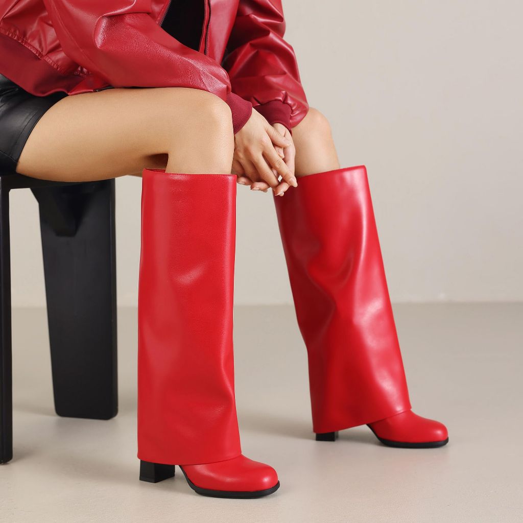 SZ 7, Meolee Knee High Boots Women Fold Over  | Red Leather