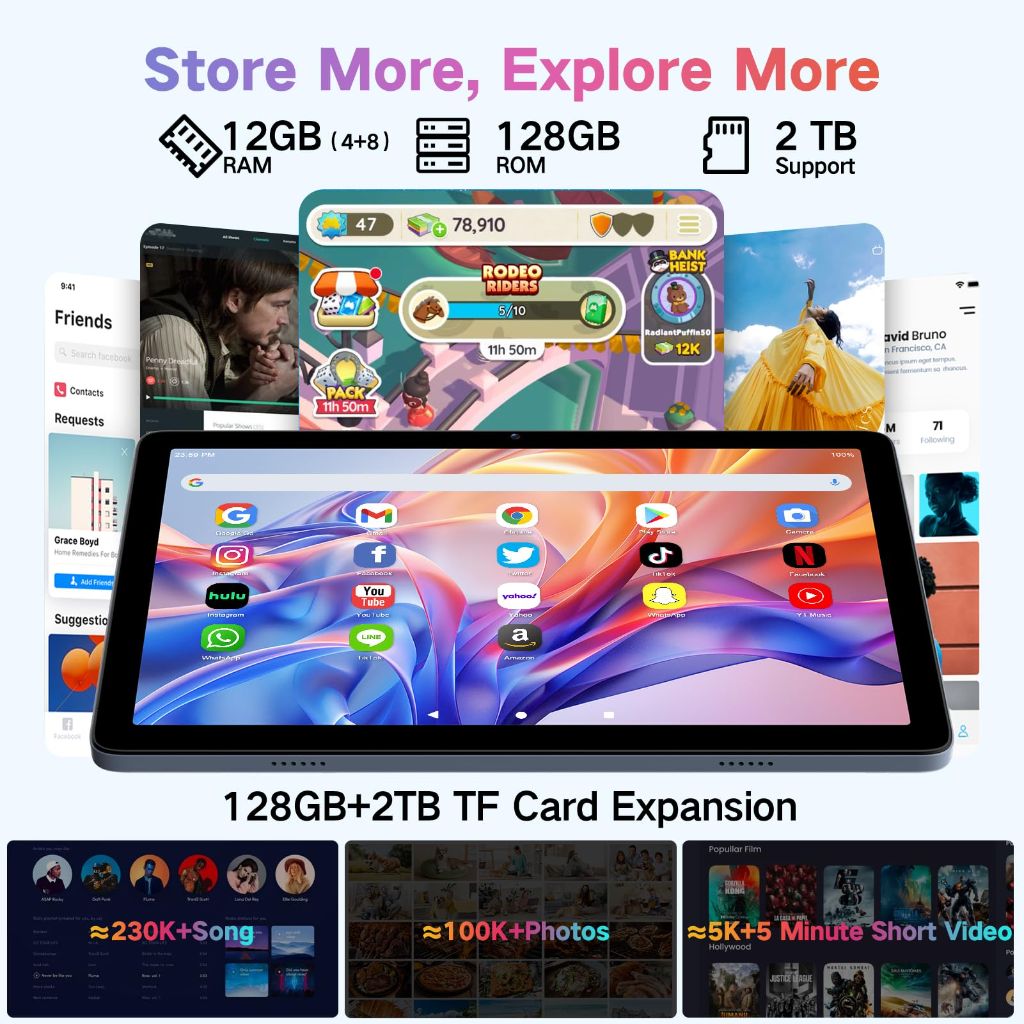 Tablet, Android 15 Tablets 10 inch with 12GB RAM+128GB Storage+2TB TF Card Expand, Gray Blue