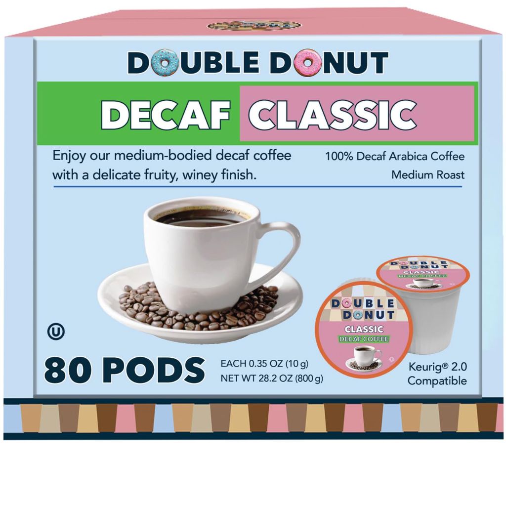 Double Donut Coffee Classic Roast Decaf Coffee, Decaf Medium Roast Coffee, Decaf Pods for Keurig K Cups Machines, Hot or Iced Single Serve Decaffeinated in Recyclable Pods, 80 Count