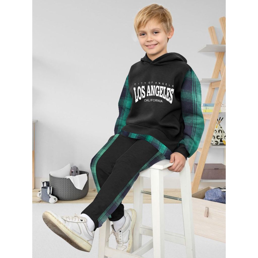 MINITEENICE Boys Plaid Pullover Los Angeles Outfit (2pcs)- size 6-7