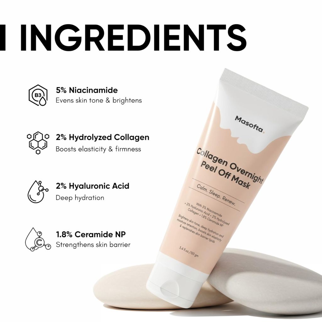 Masofta Collagen Overnight Peel Off Mask with Niacinamide, Hyaluronic Acid & Ceramides, 3.5 oz