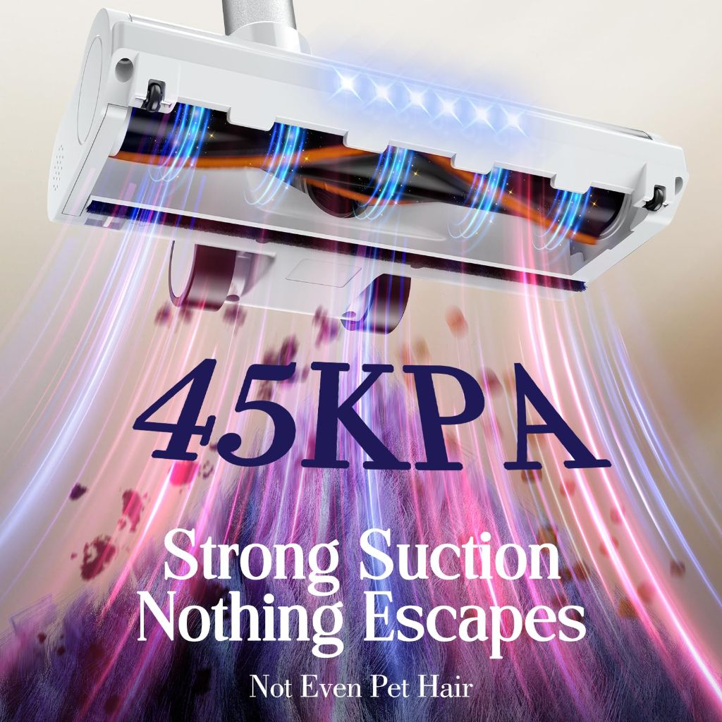 Cordless Vacuum Cleaner, Stick Vac with LED Touch Screen, 45KPA Powerful Suction