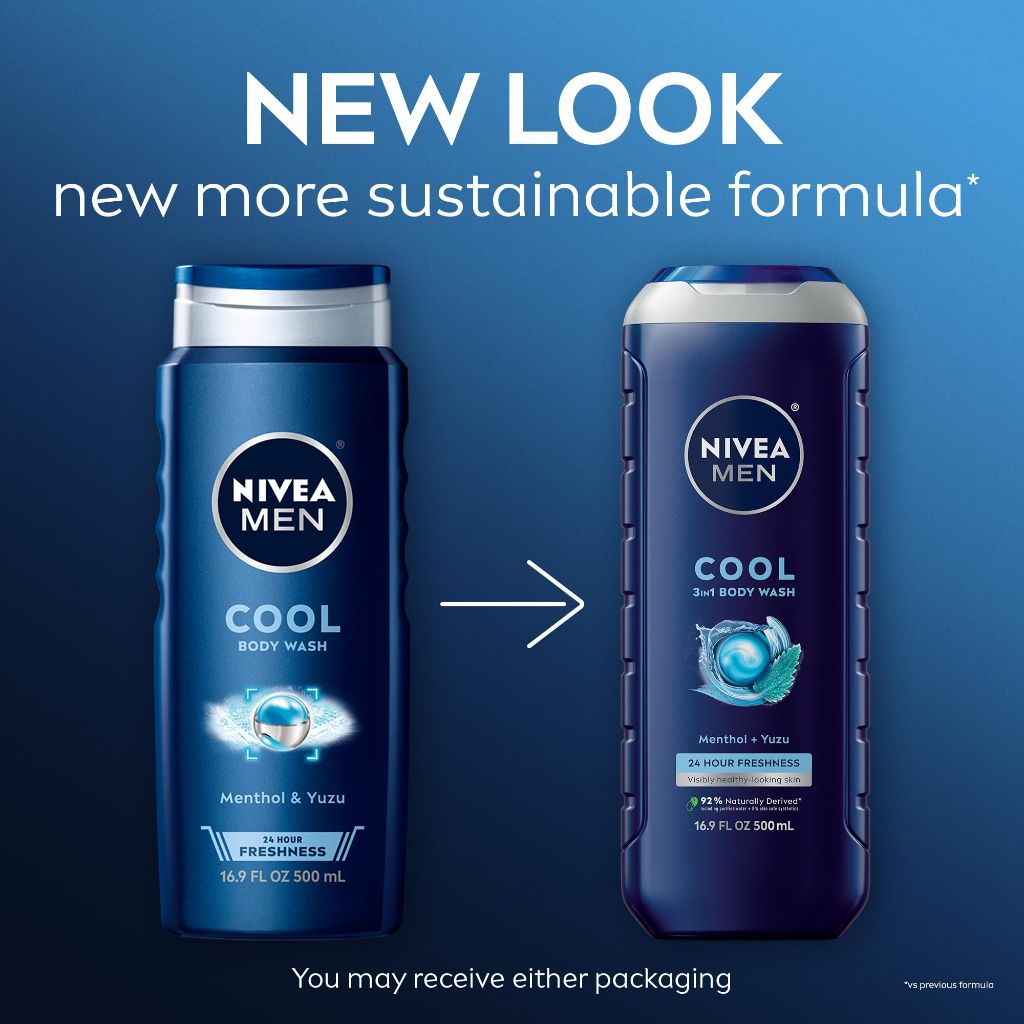 Nivea Cool 3-in-1 Men's Body Wash, Menthol and Yuzu Scent - 16.9 Fl Oz Bottle