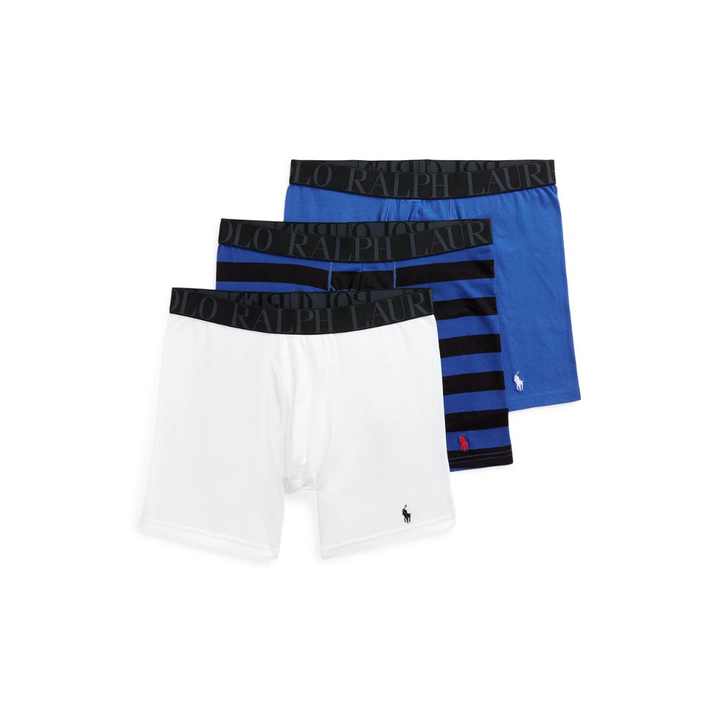 POLO RALPH LAUREN Men's Stretch Classic Fit Boxer Briefs, 3-Pack, White/Polo Black & Blue Saturn, X-Large