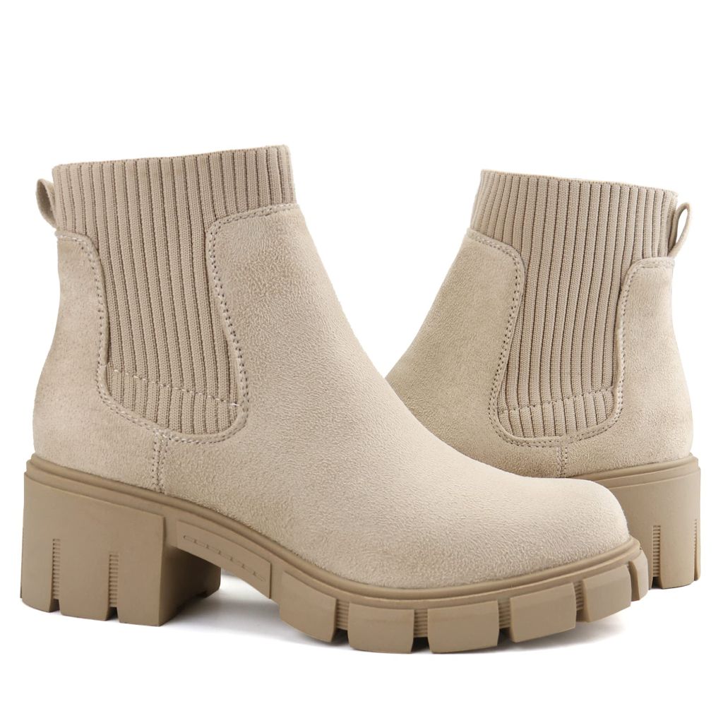 JABASIC Womens Chunky Ankle Boots Slip on Chelsea Boots Elastic Booties (9,Sand)