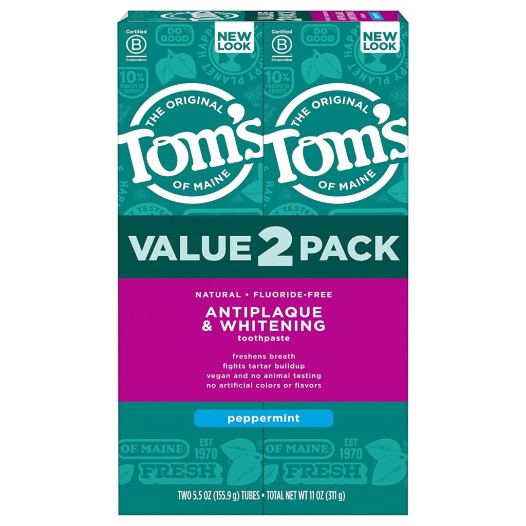 Tom's of Maine Fluoride-Free Antiplaque & Whitening Natural Toothpaste - Peppermint, 5.5 oz. (2 Pack)