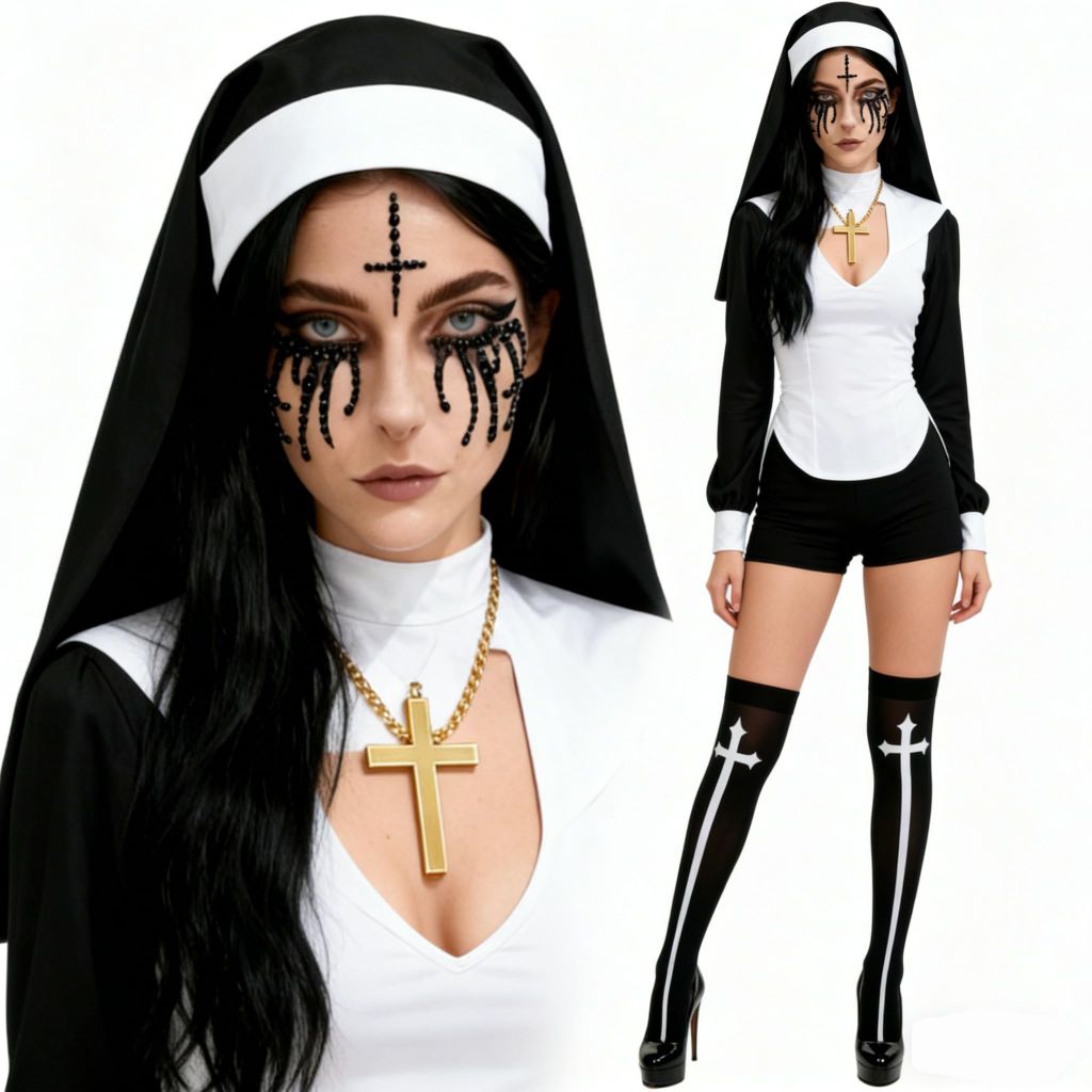 Yinxiang Jie Nun Horror Face Stickers, Clothing Accessories, Cross Pendant Necklace, Knee High Socks - Halloween Role-Playing Party Costume Set